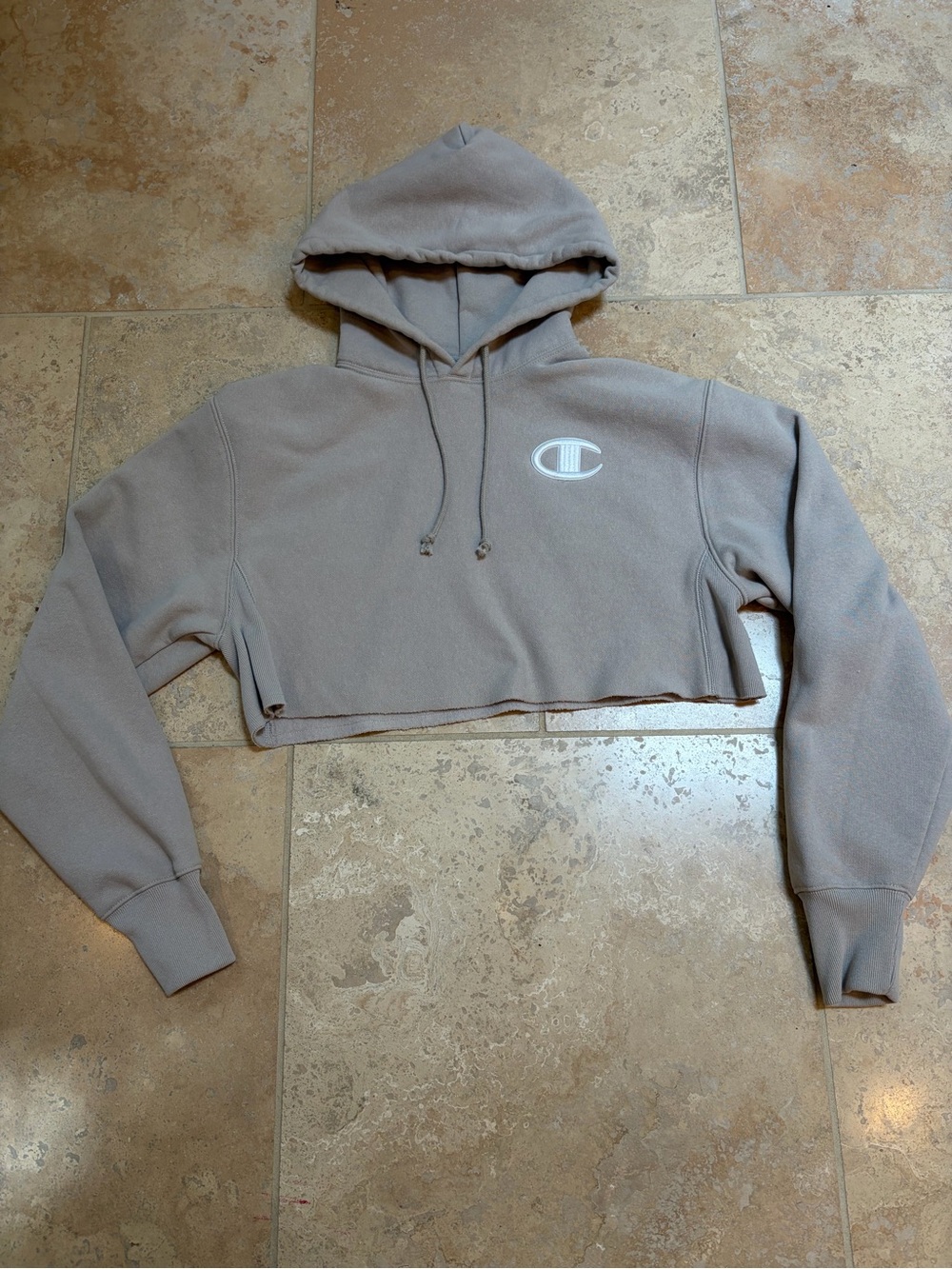 Champion women’s Cropped reverse weave Hoodie in Taupe with Logo
